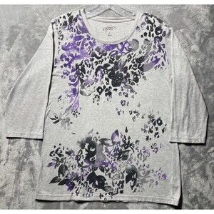 Style & Co Sport Floral Purple Black Print Gray 100% Cotton Long Sleeve Shirt M